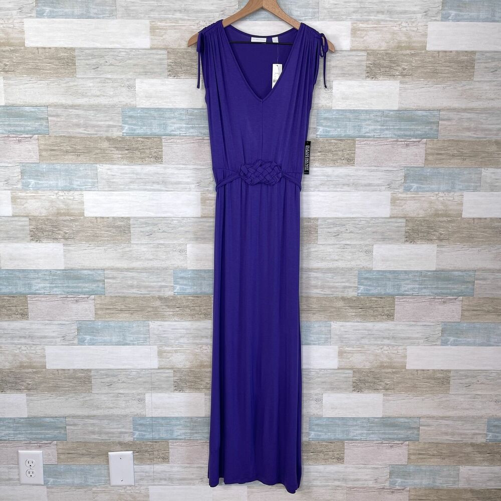 NY&Co Tie Waist Maxi Dress Purple Ruched Stretch Jersey Knit Casual Womens Small